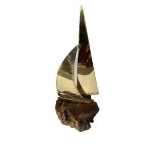 Vintage Mid Century Modern Brass Sailboat Ship with Wood Base